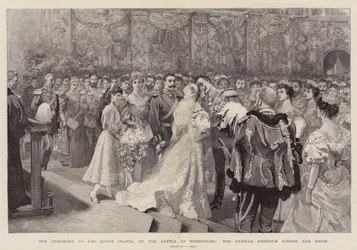 Die Zeremonie in der Hofkapelle des Schlosses Ehrenburg, der deutsche Kaiser küsst die Braut